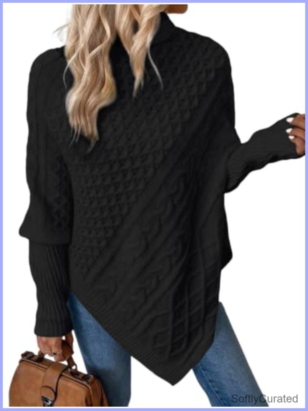 Women's Turtleneck Poncho Sweater Cable Knit Pullover Casual Asymmetrical Hem